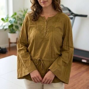 Optimum Boho Peasant Mustard Yellow Olive Embroidered Sequin Tunic Top Cotton